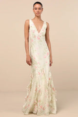 Deluca Cream Floral Sleeveless Ruffled Maxi Dress