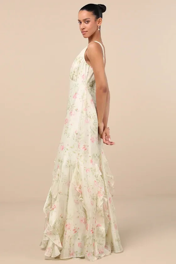 Deluca Cream Floral Sleeveless Ruffled Maxi Dress