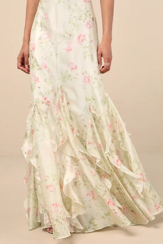 Deluca Cream Floral Sleeveless Ruffled Maxi Dress