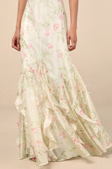 Deluca Cream Floral Sleeveless Ruffled Maxi Dress