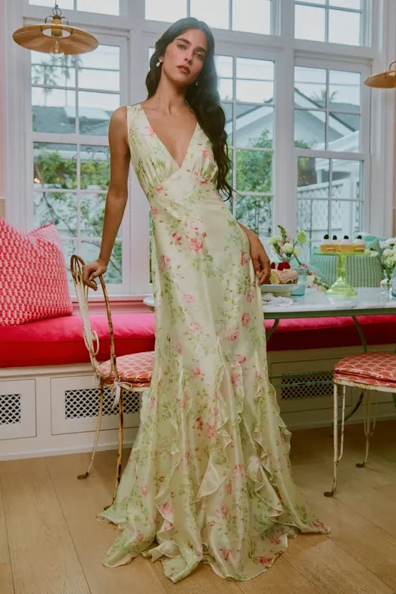Deluca Cream Floral Sleeveless Ruffled Maxi Dress