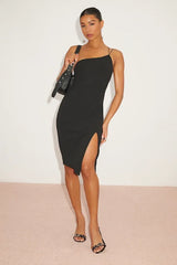 Happiest Hour Black Asymmetrical Bodycon Midi Dress