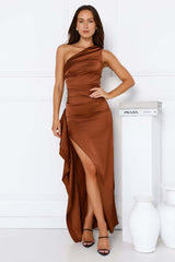 Extra Special One Shoulder Satin Maxi Dress Brown