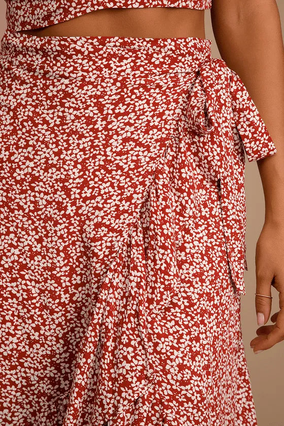 Summer Romance Rust Brown Floral Print Two-Piece Midi Dress