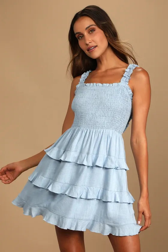 Super Sweet Light Blue Smocked Ruffled Tie-Back Mini Dress