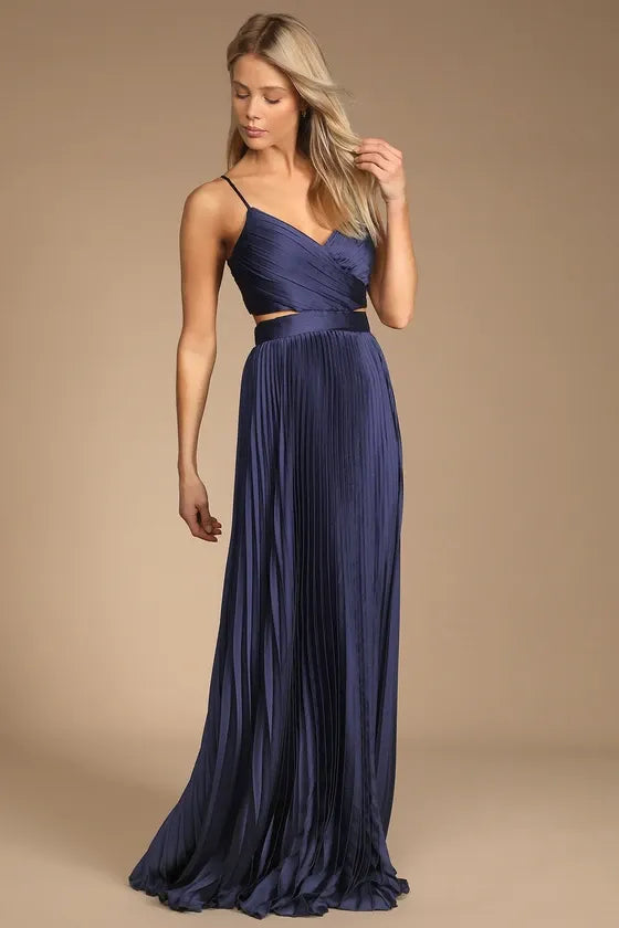 Got the Glam Navy Blue Pleated Cutout Maxi Dress