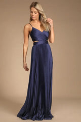 Got the Glam Navy Blue Pleated Cutout Maxi Dress