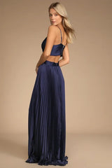 Got the Glam Navy Blue Pleated Cutout Maxi Dress