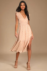 Cause to Celebrate Mauve and Silver Ruffled Tiered Midi Dress