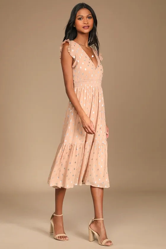Cause to Celebrate Mauve and Silver Ruffled Tiered Midi Dress