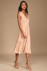 Cause to Celebrate Mauve and Silver Ruffled Tiered Midi Dress