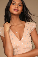 Cause to Celebrate Mauve and Silver Ruffled Tiered Midi Dress