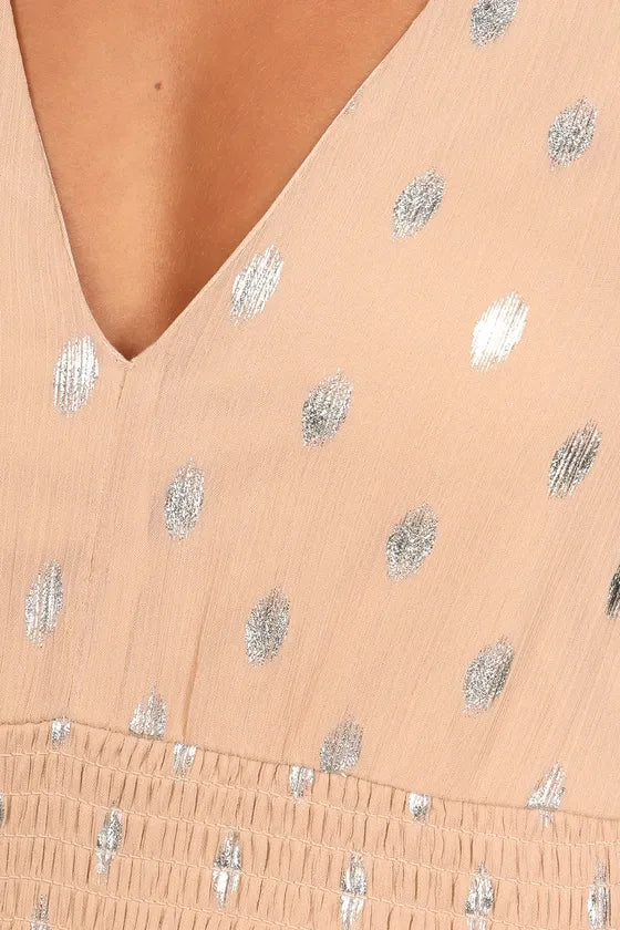 Cause to Celebrate Mauve and Silver Ruffled Tiered Midi Dress