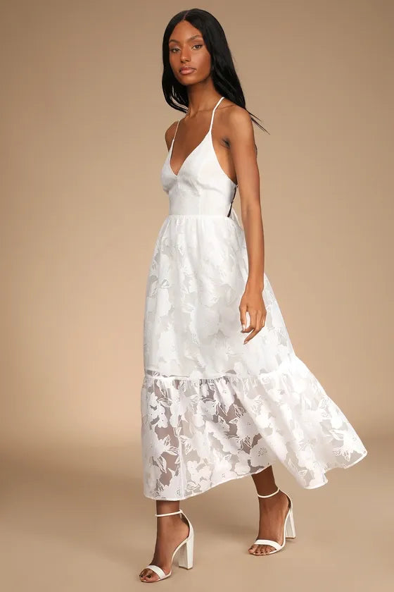 Feeling Like Forever White Jacquard Organza Lace-Up Midi Dress