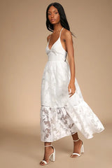 Feeling Like Forever White Jacquard Organza Lace-Up Midi Dress