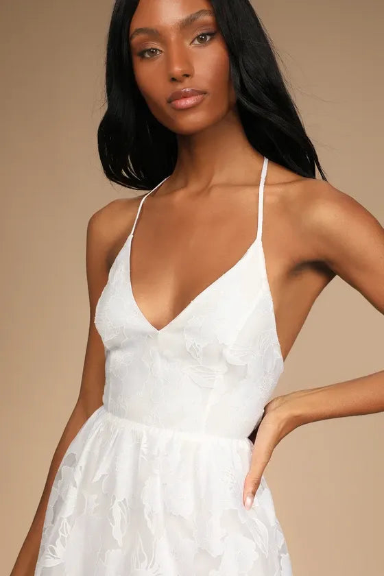 Feeling Like Forever White Jacquard Organza Lace-Up Midi Dress