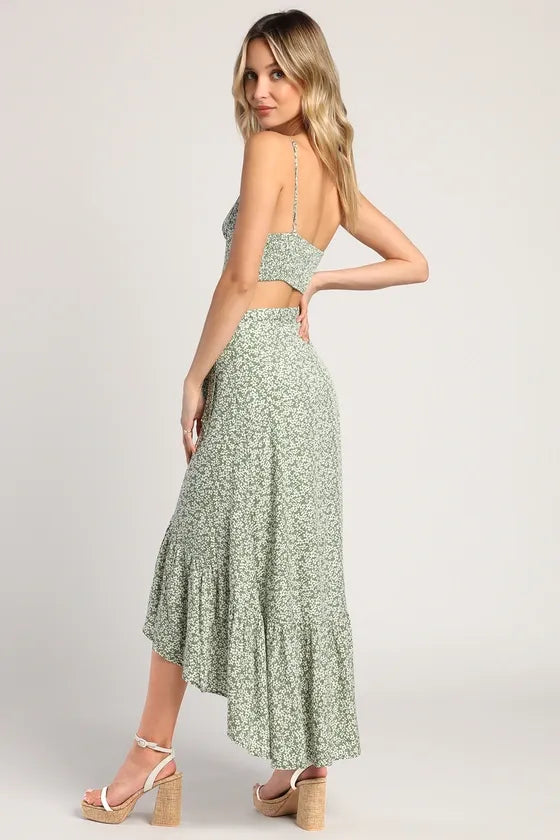 Summer Romance Sage Green Floral Print Two-Piece Midi Dress