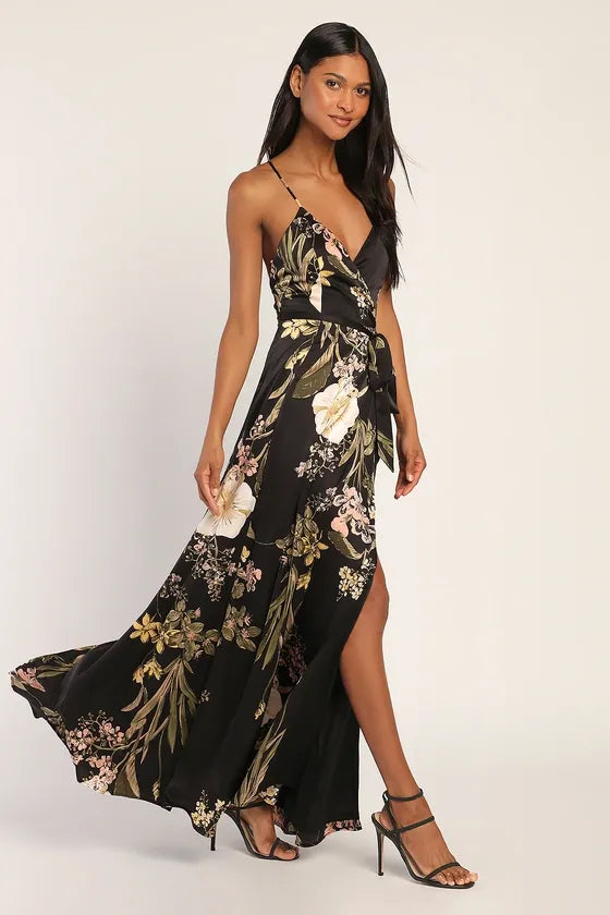 Still the One Black Floral Print Satin Maxi Dress