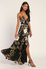 Still the One Black Floral Print Satin Maxi Dress