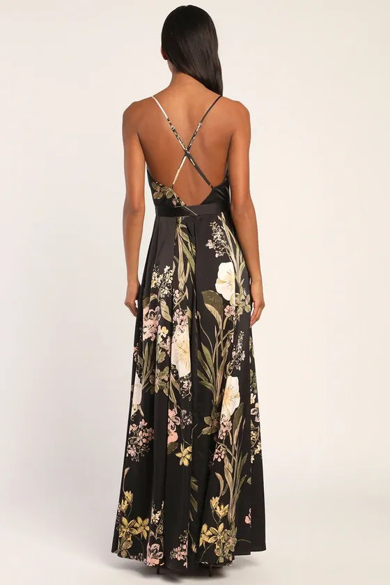 Still the One Black Floral Print Satin Maxi Dress